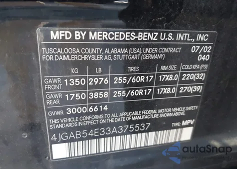 2003 Mercedes-Benz Ml 320 from USA, damaged, VIN 4JGAB54E33A375537